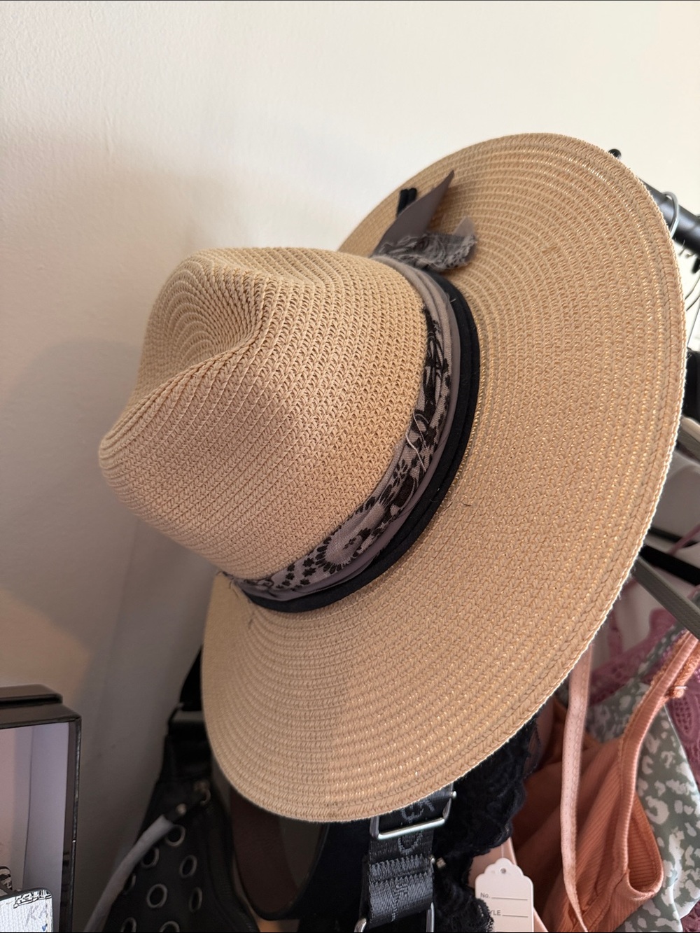 Straw Sun Hat with Black and Floral Band - Women Accessories